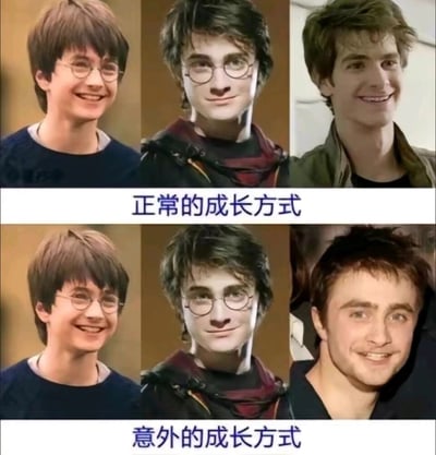 这是一张搞笑对比类梗图，分为上下两个部分。上半部分标注文字“正常的成长方式”，依次展示了《哈利·波特》系列电影中饰演哈利·波特的丹尼尔·雷德克里夫从少年到青年的经典形象，最后替换为外形俊朗的安德鲁·加菲尔德，代表大众对童星成长为帅气明星的预期；下半部分标注文字“意外的成长方式”，前两个形象与上半部分一致，最后换成了《哈利·波特》系列结束后造型放飞、形象大变的丹尼尔·雷德克里夫本人，通过强烈的形象反差制造笑点，调侃丹尼尔脱离哈利·波特角色后不走常规帅气路线、风格愈发放飞的状态。