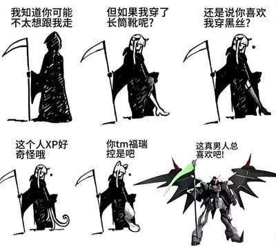 这是一组由六格画面组成的连环梗图，以“死神收魂”为初始设定，通过死神不断变换形象来调侃不同亚文化爱好者的喜好：第一格是经典的黑袍持镰死神，配文“我知道你可能不太想跟我走”；第二格死神露出长筒靴和女性身形，配文“但如果我穿了长筒靴呢？”；第三格死神露出黑丝腿部，配文“还是说你喜欢我穿黑丝？”；第四格死神长出尾巴，配文“这个人XP好奇怪哦”；第五格死神变成猫耳兽娘形象，配文“你tm福瑞控是吧”；第六格直接变为手持镰刀的高达机甲，配文“这真男人总喜欢吧！”。整组图通过递进式的形象变换，依次玩了二次元服饰梗、福瑞控梗，最后结合高达圈“真男人开高达”的经典梗，对不同爱好者的兴趣偏好进行趣味调侃。