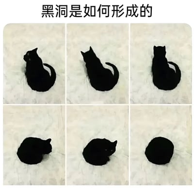 图片上方配有文字“黑洞是如何形成的”，下方为2x3网格排列的六张图片，每张图片中均有一只黑猫。从左上角到右下角，黑猫的姿势逐渐从侧身蜷曲变为完全团成黑色球体，通过猫咪逐渐蜷缩的过程幽默类比黑洞的形成过程，整体风格轻松有趣，用可爱的猫咪形象解释科学概念。
