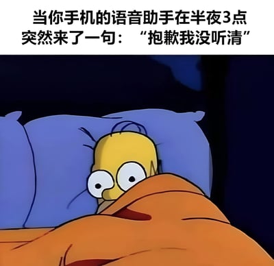 这张梗图上方配有文字“当你手机的语音助手在半夜3点突然来了一句：‘抱歉我没听清’”，下方是《辛普森一家》中的角色荷马·辛普森从床上惊醒的画面。荷马瞪大双眼，表情惊恐，只露出头部和部分肩膀在橙色被子外面，背景是深色的卧室环境。图片通过夸张的表情和情境，幽默地表现了人们在深夜被智能设备突然发声惊吓到的真实体验。