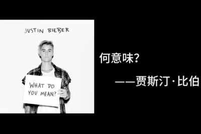 这是一张基于贾斯汀·比伯单曲宣传图制作的衍生趣味图，左侧为黑白的官方宣传照：贾斯汀·比伯表情严肃，手持写有其2015年单曲名“WHAT DO YOU MEAN?”的白色牌子，上方标注他的英文名“JUSTIN BIEBER”；右侧是对单曲名的中文直译“何意味？——贾斯汀·比伯”。图中没有双关或谐音梗，只是将英文歌名进行直白的字面翻译，营造出一种直白又略带无厘头的效果，常被用来表达对他人话语或行为的疑惑，或是作为对该歌曲的趣味解读。