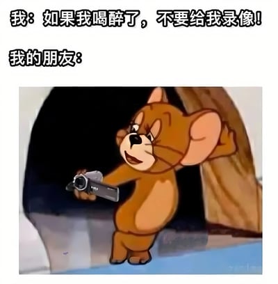 图片上方有两行文字，分别是“我：如果我喝醉了，不要给我录像！”和“我的朋友：”，下方是《猫和老鼠》中的Jerry老鼠，它正狡黠地手持摄像机，似乎准备在“我”喝醉时偷偷录像，通过角色的动作和文字形成幽默对比，展现朋友间的调侃和恶作剧。