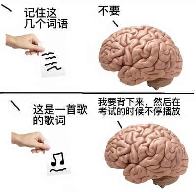 这是一张四格对比梗图，通过左右两列上下对比的方式，展现大脑对不同内容的记忆态度差异。左上格中一只手拿着写有波浪线的纸条，上方文字标注“记住这几个词语”；右上格是一个大脑模型，上方文字标注“不要”，表现出对记单词的抗拒。左下格同样是一只手拿着画有音符的纸条，文字标注“这是一首歌的歌词”；右下格还是同一个大脑模型，文字标注“我要背下来，然后在考试的时候不停播放”，形成强烈反差，幽默调侃人们对单词记忆的排斥和对歌词记忆的主动。
