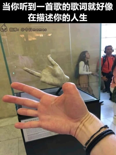 这张图片是一个利用视觉错位制造趣味效果的meme图：拍摄者通过巧妙的角度，将自己摊开的手掌和博物馆展柜里的雕塑手拼接在一起，视觉上仿佛是这只手做出了夸张的摇滚礼手势。图片顶部配有文案“当你听到一首歌的歌词就好像在描述你的人生”，用这种完美契合的视觉拼接，来比喻听到完全戳中自身经历的歌词时，那种强烈的共鸣感，仿佛自己的情绪和歌曲完全同步，就像这两只手天衣无缝地组合在一起一样，既搞笑又精准地表达了这种共情时刻。背景中还有戴着耳机参观的游客，进一步说明场景是在博物馆内。