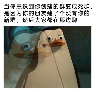 这是一张结合文字与错位动画角色的网络梗图，上方配文描述了一种极具共鸣的扎心社交场景：自己创建的聊天群逐渐变成无人发言的死群，最后才发现根源是朋友新建了一个不包含自己的聊天群，所有原本在旧群的熟人都转移到新群聊天，将自己彻底排除在外。下方的图片是经过视觉错位合成的《马达加斯加的企鹅》中的企鹅角色，合成后的企鹅眼神震惊又带着落寞失神，完美契合了发现真相时那种被背叛、被孤立的崩溃与难过情绪，用夸张的动画形象放大了这种社交尴尬瞬间的复杂心情，能够引发有过类似被冷落、被排挤经历的人的强烈共鸣。