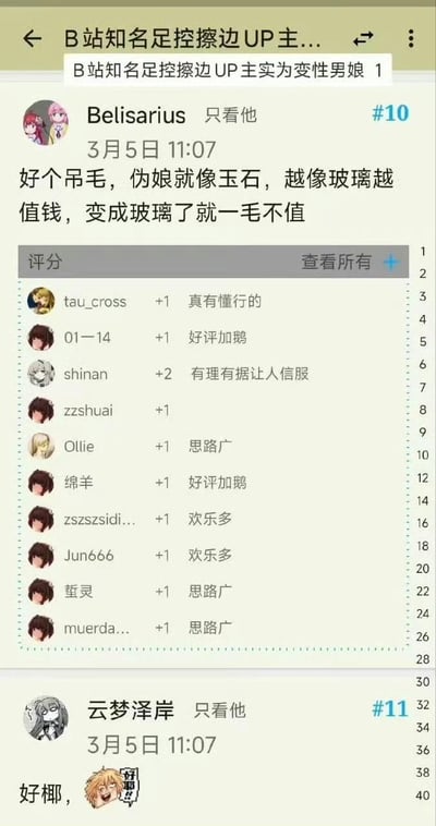这是某论坛针对“B站知名足控擦边UP主实为变性男娘”爆料帖的讨论回复截图：#10楼用户Belisarius用玉石与玻璃的不当比喻调侃伪娘与变性群体，下方多名用户为该评论加分并附认可类留言；#11楼用户云梦泽岸以谐音梗“好椰”（谐音“好耶”）搭配表情包回应。
谐音梗说明：“好椰”是“好耶”的谐音，属于汉字谐音玩梗。