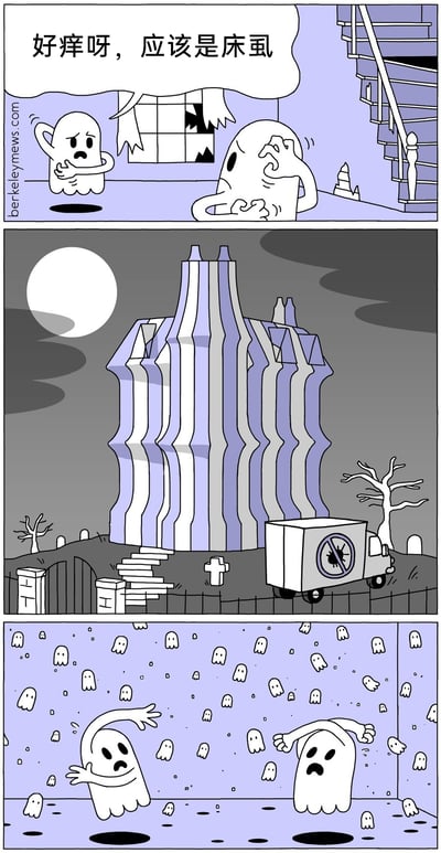 这是一幅三格连环冷幽默漫画：第一格中，两个幽灵在鬼屋内，其中一个幽灵挠着身体，苦恼地说“好痒呀，应该是床虱”，二者都露出难受的神情；第二格切换到夜晚场景，一轮圆月挂在天空，造型怪异扭曲的鬼屋坐落在布满墓碑和枯树的阴森环境中，一辆带有除虫标志的卡车停在鬼屋前；第三格回到室内，原来让大幽灵感到瘙痒的“床虱”，其实是密密麻麻布满整个空间的小幽灵，两个大幽灵看着满屋子的小幽灵，露出更加苦恼的姿态，将日常的床虱困扰和幽灵元素结合，用拟人化的荒诞反差制造笑点。