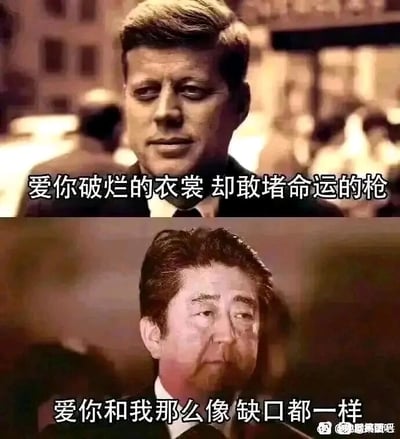这是一张上下对比的多图拼接P图，上方是肯尼迪的肖像，配文“爱你破烂的衣裳 却敢堵命运的枪”；下方是安倍晋三的肖像，配文“爱你和我那么像 缺口都一样”。这张图借用热门歌曲《孤勇者》的歌词，结合两位人物都曾遭遇枪击的经历玩梗，通过歌词内容与人物经历的呼应，制造出戏谑的网络迷因效果。