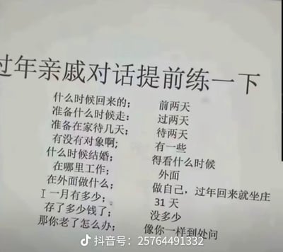 这是一张关于春节期间应对亲戚提问的幽默指南图片。图片展示了一系列常见的亲戚问题和俏皮回答，包括关于回家时间、离家时间、待几天、对象、结婚、工作、收入等敏感话题的应对方法。特别之处在于回答既幽默又不失礼貌，例如当被问"一月有多少"时回答"31天"，巧妙回避了收入问题；被问"那你老了怎么办"时回答"像你一样到处问"，形成了有趣的反问。