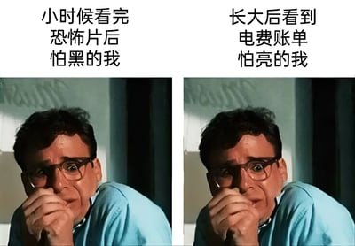 这张左右对比图展示了同一个戴眼镜男性的惊恐表情，但配上了不同的文字说明。左边文字是'小时候看完恐怖片后怕黑的我'，右边文字是'长大后看到电费账单怕亮的我'。通过夸张的恐惧表情对比，幽默地展现了人们成长过程中恐惧对象的变化，从童年对黑暗的恐惧转变为成年后对高额电费的担忧。