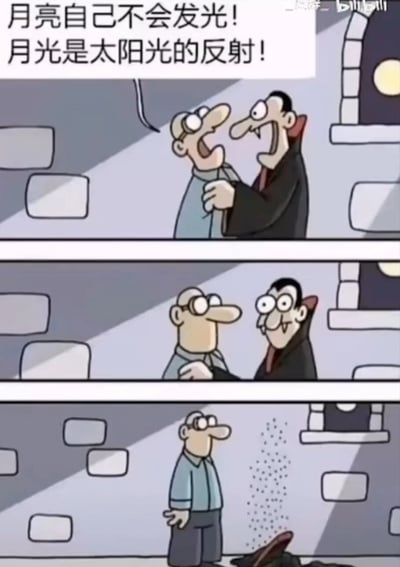 这是一幅三格连环卡通漫画，第一格中，身着黑色斗篷的吸血鬼抓住一位戴眼镜的普通男子，男子对着吸血鬼大喊科普知识：“月亮自己不会发光！月光是太阳光的反射！”；第二格中，吸血鬼听完这句话后露出错愕的表情，松开了抓住男子的手；第三格中，吸血鬼因为意识到月光本质是太阳光，结合吸血鬼惧怕阳光的奇幻设定，直接原地灰飞烟灭，只留下男子站在原地，窗外的月亮也随之消失。漫画将科学科普知识与吸血鬼的奇幻设定结合，用冷幽默的反差感制造笑点，展现了“知识的力量”。