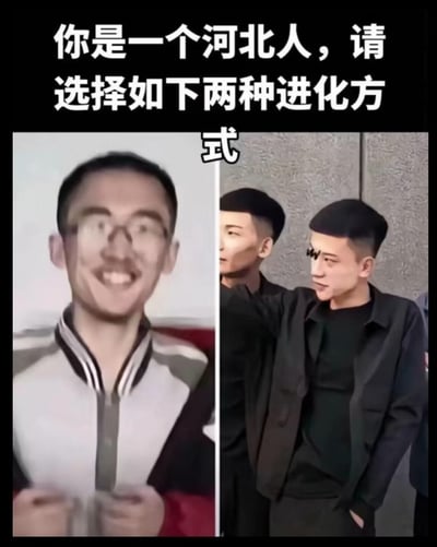 这是一张左右对比的搞笑梗图，上方配有文字“你是一个河北人，请选择如下两种进化方式”。左侧是一位戴眼镜、面带笑容的男子照片；右侧是两位男子的合影，其中一位男子留着独特的发型，正伸出手臂指向旁边。图片通过夸张的对比方式，以“进化方式”为幽默切入点，玩梗河北地域文化。