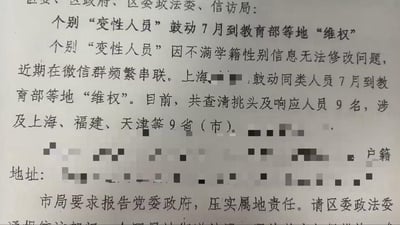 这是一份发往区委、区政府、区委政法委、信访局的内部政务通知，内容通报了个别变性人员因不满学籍性别信息无法修改，在微信群串联鼓动7月到教育部等地“维权”的情况，目前已查清9名涉及人员分布在9个省（市），市局要求报告党委政府并压实属地责任，通知中部分敏感信息做了马赛克遮挡处理。