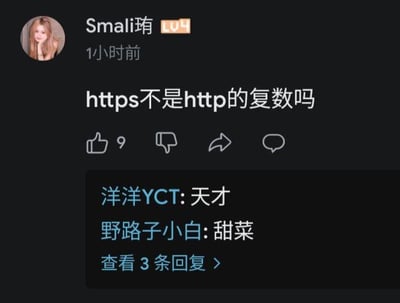这是一张社交媒体用户动态截图，用户“Smali琍”（Lv4）发布了一条无厘头提问：“https不是http的复数吗”，将https末尾的字母s误解为英文名词的复数后缀，制造出搞笑效果。下方有两条网友回复，“洋洋YCT”评论“天才”，“野路子小白”用谐音梗回复“甜菜”（谐音“天才”），还显示有3条更多回复可查看。

梗说明：此处玩了文字误解梗，将https的末尾字母s错误关联英文复数后缀，把https调侃为http的复数形式，属于无厘头的IT常识误解类搞笑内容。

问题解答：https并不是http的复数，http是超文本传输协议（HyperText Transfer Protocol），https的全称为超文本传输安全协议（HyperText Transfer Protocol Secure），其中的"s"代表"Secure（安全）"，是在http基础上增加了SSL/TLS加密机制，用于提升网络数据传输的安全性，和英文复数后缀没有任何关系。