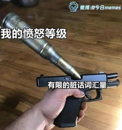 这是一张通过图像合成制造反差感的搞笑梗图，画面中一只手握着一把小型手枪，手枪的枪膛里却硬塞进了一枚尺寸远超手枪的巨大炮弹，形成极具冲击力的视觉反差。图中配有两行文字，上方的“我的愤怒等级”对应这枚超大炮弹，用来形容此刻愤怒情绪已经达到顶点，十分强烈；下方的“有限的脏话词汇量”对应这把小手枪，表现出虽然怒火冲天，但是却没有足够的脏话来宣泄这份愤怒，只能处于一种“气到说不出话”的尴尬又无奈的状态。整张图用视觉上的强烈反差，生动又幽默地比喻了情绪强度和表达能力不匹配的状况，很容易引发网友的共鸣，适合用来表达自己愤怒却嘴笨的时刻。