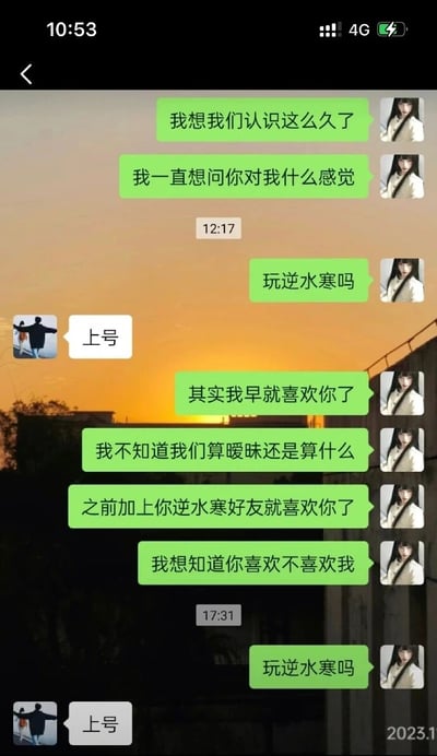 这是一张竖屏的微信聊天记录静态截图，时间显示为2023年，背景是黄昏户外场景。聊天双方为两名《逆水寒》游戏玩家，右侧头像是长发女生的用户率先开启对话，先是试探性询问对方对自己的感觉，随后话锋一转问“玩逆水寒吗”，得到对方“上号”的回复后，女生鼓起勇气表白，坦言早在添加对方游戏好友时就已心生好感，不清楚两人当前的关系定位，明确询问对方是否喜欢自己，但对方没有回应表白内容。之后女生再次询问“玩逆水寒吗”，对方依旧只回复“上号”，全程回避了感情相关的问题，形成了一方认真表白、另一方只专注于游戏的搞笑又略带无奈的反差场景。