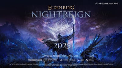 这是FromSoftware与万代南梦宫推出的《艾尔登法环》衍生新作《艾尔登法环：黑夜君临》（ELDEN RING NIGHTREIGN）的官方宣传海报，于2024年The Game Awards（TGA）活动上公布。画面呈现了雨夜中的暗黑废墟场景，一名身披斗篷、身着盔甲的战士持杖伫立，身后浮现出巨大的灵体虚影，地面与场景遍布幽蓝色诡异光效，整体氛围压抑且充满暗黑奇幻感。海报明确标注游戏将于2025年登陆PS5、PS4、Xbox及Steam平台。