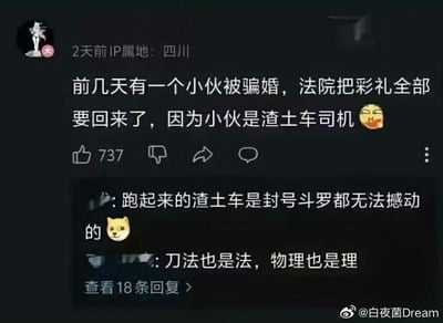 这是一张社交媒体截图，内容是一位IP属地四川的用户分享的法律趣闻：一名小伙被骗婚后，法院判决彩礼全部返还，原因是小伙职业为渣土车司机。配图使用了😂表情符号增加趣味性。下方有两条热门评论："跑起来的渣土车是封号斗罗都无法撼动的"和"刀法也是法，物理也是理"，均使用了幽默夸张的比喻来调侃这一事件。
