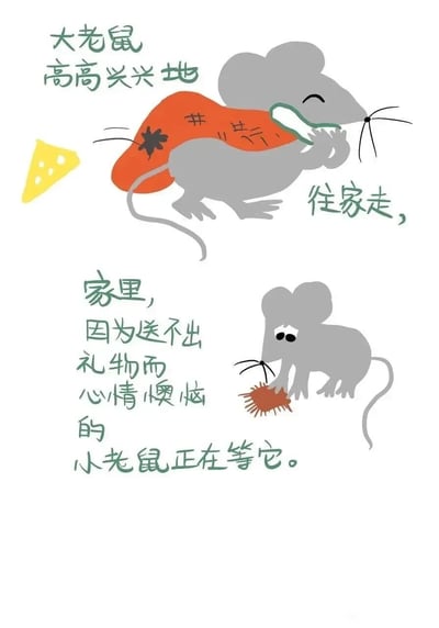 这是一张竖版的手绘卡通绘本页面，采用图文混排的形式呈现故事片段。画面上半部分，一只表情愉悦、眼睛眯起的大老鼠，正叼着一个包装好的橙色大礼物高高兴兴地往家走，旁边还配有一块黄色的奶酪元素；画面下半部分，一只眉头微皱、神情懊恼的小老鼠蹲在地上，爪子里拿着一个小小的刺状礼物，正等待着大老鼠归来。配文完整叙述了当前的故事场景：大老鼠满载礼物回家，而小老鼠正因为送不出礼物而心情烦闷。整体画风简洁可爱，色彩柔和，通过两只老鼠的状态对比，为后续的温暖故事发展做了铺垫，适合儿童阅读，传递关于礼物与心意的情感。