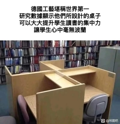 这是一张图文结合的搞笑创作图，图片展示了图书馆内的分隔式单人学习书桌，这类书桌带有较高的木质隔板，能够为学习者营造独立、不易被干扰的学习空间。上方配文玩了中文谐音梗，将常用语“心中毫无波澜”谐音改写为“心中毫无波蘭”，结合书桌的布局形状，调侃这款被称为“德国工艺”的书桌能极大提升学生的学习专注力，让学生内心没有杂念，通过谐音的反差感制造出幽默搞笑的效果。