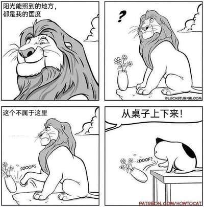 这是一幅四格黑白连环漫画，改编自迪士尼经典动画《狮子王》的角色与台词。第一格中，《狮子王》里的木法沙一脸得意，配文“阳光能照到的地方，都是我的国度”，还原了角色的霸气宣言；第二格中，木法沙露出疑惑的表情，盯着面前的花瓶；第三格中，木法沙面露不满，说出“这个不属于这里”，随后挥爪将花瓶扫落，发出拟声词“DOOF”；第四格视角切换，揭示出前几格的“木法沙”其实是一只趴在桌子上的奶牛猫，它弄倒了花瓶，此时传来人类的呵斥声“从桌子上下来！”，通过将霸气的动漫角色与调皮的宠物猫日常结合，制造出强烈的反差感，形成幽默搞笑的效果。