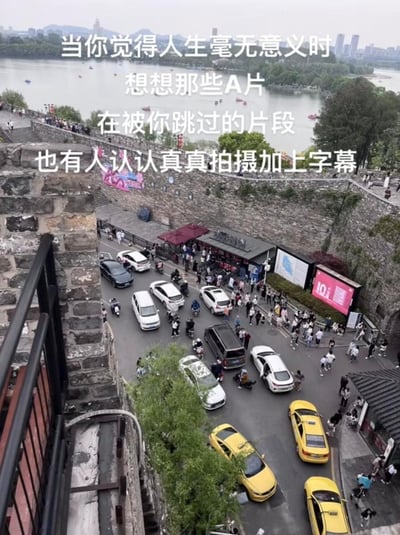 这是一张从南京明城墙高处拍摄的城门口实景照片，下方道路车流密集，轿车、出租车与行人和骑行者交织，城墙上也有不少游客，背景可见湖泊与城市建筑。图中配有调侃式励志文案：“当你觉得人生毫无意义时
想想那些A片
在被你跳过的片段
也有人认认真真拍摄加上字幕”，以反差感的表述传递出“哪怕是看似无意义的小事也有人认真付出，人生自有其价值”的积极态度，消解消极情绪。