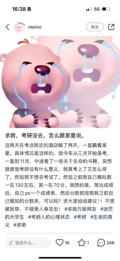 这是小红书用户「momo」发布的一条求助类帖子，帖子顶部搭配了两张热门卡通角色Loopy（小海狸）大哭的表情包，直观传递出用户焦虑、崩溃的情绪。正文内容中，用户讲述了自己的经历：从今年3月开始备考研究生考试，坚持到11月时，因阅读了探讨生命意义的书籍，突然觉得考研没有价值，即便考上也没有意义，于是在考点附近的酒店住了两天，全程逃避考试，且一直向家人隐瞒此事。用户提到自己此前模拟考试中，数一能拿到130分左右、英一70分左右，现在萌生了等考研成绩公布后，PS一份与模拟分数一致的成绩单来欺骗家人的想法，因此发帖求助网友给出可行建议，同时强调自己不想被拆穿，也不接受人身攻击，并附带了多个相关话题标签。