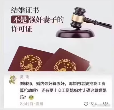 这张图片上方以宣教性质的文案表达“结婚证书不是强奸妻子的许可证”，配有法槌和结婚证照片，下方是网友以法律问题为玩笑的评论，把婚内上交工资类比成经济上的“抢劫”和“嫖娼”，语气调侃。整体氛围一半严肃一半恶搞，在话题冲突与网络幽默之间形成反差。主要讨论婚姻中的性权利与经济权利，玩梗的成分较明显。