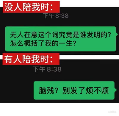 这张图以手机聊天记录的上下对比形式，展现了一种极具反差感的社交矛盾状态：没人陪伴时，发出“无人在意这个词究竟是谁发明的？怎么概括了我的一生？”的感慨，满是孤独落寞；有人陪伴时，却又烦躁地吐槽“脑残？别发了烦不烦”，精准戳中部分人“渴望陪伴却又在社交时感到疲惫烦躁”的矛盾心理，引发共鸣。