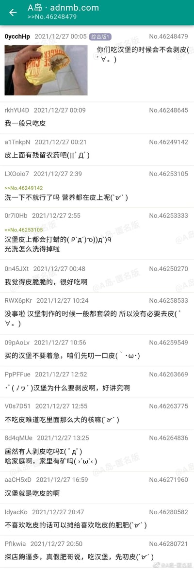 这是A岛匿名论坛综合版的一篇帖子，楼主发布了一张拿着类似带包装汉堡的图片，提问“你们吃汉堡的时候会不会剥皮(゜∀。)”，故意将汉堡的面包类比为水果的皮，引发众多匿名网友的玩梗式回复。网友们顺着这个错位的认知展开讨论，有人称“一般只吃皮”，有人担心“皮上面有残留农药”，还有人调侃“汉堡皮上都会打蜡”“不吃皮难道吃里面那么大的核嘛”，甚至有人调侃剥皮吃汉堡是“家里有矿”，整个帖子通过这种错位的趣味讨论制造出搞笑效果，是典型的网络社群玩梗内容。