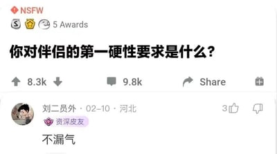 这是一张社交媒体平台的帖子截图，标题为'你对伴侣的第一硬性要求是什么?'，下方显示有8.3k点赞、9.8k评论和5个奖项，顶部标有NSFW警告。帖子下方有一条来自用户'刘二员外'（河北，发布于02-10）的评论，内容为'不漏气'。图片通过幽默的双关语制造笑点，'不漏气'字面指不泄漏气体，实际暗讽伴侣不应是'充气娃娃'等非真实存在的对象，带有戏谑调侃的意味。