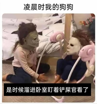这是一张以宠物日常为主题的搞笑梗图，图中两个小孩分别戴着《德州电锯杀人狂》和《月光光心慌慌》里的经典恐怖角色面具，一个跪坐在卧室地面，一个坐在粉色婴儿摇椅里，面对面的姿态像是在密谋事情。图片上方配文“凌晨时我的狗狗”，下方配文“是时候溜进卧室盯着铲屎官看了”，将狗狗拟人化，用恐怖面具带来的严肃感和狗狗半夜悄悄观察主人的可爱迷惑行为形成强烈反差，调侃养狗人群常遇到的宠物半夜“监视”主人的有趣日常，营造出滑稽搞笑的效果。