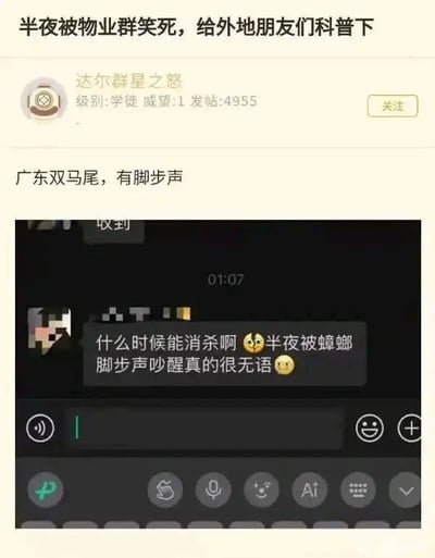 图片展示了一则社区论坛帖子，用户“达尔群星之怒”分享了物业群中的搞笑对话。帖子标题为“半夜被物业群笑死，给外地朋友们科普下”，并配有“广东双马尾，有脚步声”的文字。下方是凌晨01:07的聊天截图，内容为群成员抱怨：“什么时候能消杀啊 😠 半夜被蟑螂脚步声吵醒真的很无语 😑”。整体通过夸张的“蟑螂脚步声吵醒人”这一细节，幽默展现了广东地区可能存在的蟑螂问题，引发网友共鸣和调侃。