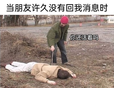这是一张用来调侃日常社交场景的搞笑梗图，顶部配文“当朋友许久没有回我消息时”点明场景，画面呈现户外荒地上，一名戴红帽子、穿绿色外套的人手持棍子，戏谑地戳着趴在地上、一动不动仿佛“失去动静”的人，旁边配文“你还活着吗”。用夸张、戏谑的画面，将自己等待朋友回复消息时的焦虑和无奈，以搞笑的方式放大，仿佛朋友长时间不回消息就像“失联到如同去世”一般，精准戳中人们在社交中等待回复的微妙情绪，充满趣味性。