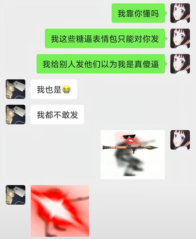 这是一张社交软件的聊天记录截图，对话双方分别使用动漫《冰菓》角色千反田爱瑠的头像、猫咪蹭手机的表情包作为头像。使用千反田爱瑠头像的用户率先吐槽，自己的搞怪“糖逼”表情包只能发给对方，发给不熟的人会被误以为自己真的脑子不好；对方回应表示自己也有同感，完全不敢随便给别人发这类表情包。随后双方各自发出一张风格抽象搞怪的表情包，一张是模糊的戴着墨镜、长着红唇的形象手持RPG火箭筒的梗图，另一张是红色抽象闪光效果的梗图，整体内容精准戳中了很多网友只能在好友面前毫无顾忌玩梗、发搞怪表情包的社交状态，充满熟人之间的默契感。