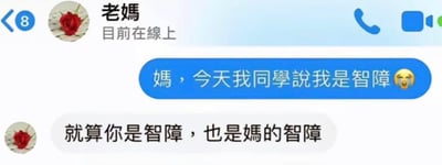 这是一张社交媒体聊天记录截图，展示了一段幽默的亲子对话。用户向妈妈倾诉“今天同学说我是智障”并配上哭泣表情，妈妈则暖心又搞笑地回复“就算你是智障，也是媽的智障”，体现了母子间轻松诙谐的相处模式。