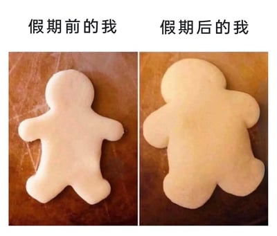这是一张左右布局的静态对比梗图，左侧区域标注“假期前的我”，对应一个造型紧致、轮廓线条利落、身形匀称的面团小人，形态规整；右侧区域标注“假期后的我”，对应同一个面团小人膨胀后的状态，整体圆胖臃肿，四肢和躯干都明显变宽变厚，体积大幅增加。图片以面团发酵膨胀的物理变化，幽默类比人们在假期中因饮食放纵、缺乏运动导致身材发胖的普遍现象，用生动直观的视觉反差引发网友共鸣，充满自嘲式的趣味感。