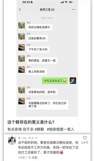 这是一张来自小红书的社交媒体截图，内容分为两部分：上方是名为“吉祥三宝(3)”的家庭微信群聊记录，群内老妈一直在和老爸交流和云姨选裙子的细节，老爸则分享钓鱼成果、安排晚餐和告知晚归事宜；中间群里的孩子发布了“今天正式失业了”的消息，却完全被父母忽略，二人继续各自的话题。下方是发布者配的吐槽文案“这个群存在的意义是什么？有点亲情 但不多 #群聊 #相亲相爱一家人”，还有一条获赞2.4万的高赞评论，从反向角度安慰发布者，称当下的情况已经算好，反过来的糟糕情况才更让人崩溃。整体内容既搞笑又带着一丝扎心，生动展现了家庭群聊里“各说各话”的有趣日常，也侧面体现出年轻人失业时想和家人倾诉却被忽略的无奈。