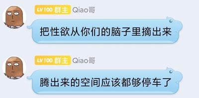 这是一张单张静态的聊天记录截图，内容是某即时通讯群里的LV100群主Qiao哥的两条发言。群主使用卡通头像，表情平淡略带嫌弃，发言内容为“把性欲从你们的脑子里摘出来”和“腾出来的空间应该都够停车了”，通过极度夸张的比喻，调侃群成员的脑子里满是性欲相关的想法，占据了大量的思维空间，用“够停车”这种生活化的场景来放大这种夸张效果，语言幽默讽刺，充满吐槽感，是群内常见的调侃互动内容。