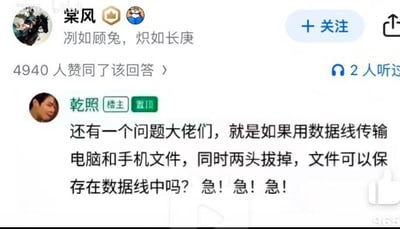 这是一张社交媒体或论坛的截图，展示了用户的提问场景。楼主“乾照”发布了一条带有“置顶”标识的问题，内容为：“还有一个问题大佬们，就是如果用数据线传输电脑和手机文件，同时两头拔掉，文件可以保存在数据线中吗？急！急！急！”，文字中重复“急”字体现出提问者的焦急情绪。截图上方显示另一用户“棠风”的信息及“+关注”按钮，其下方有“4940人赞同了该回答”和“2人听过”的互动数据。整体画面为典型的问答社区界面布局，包含用户头像、用户名、互动数据及核心提问内容。