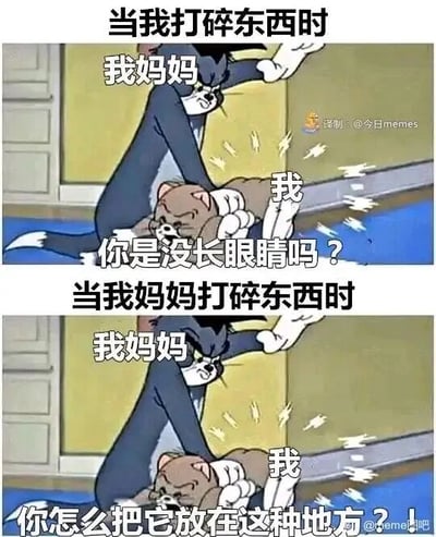 这是一张上下对比的连环梗图，采用经典动画《猫和老鼠》的截图进行改编创作。上图标注场景为“当我打碎东西时”，图中汤姆猫被赋予“我妈妈”的身份，愤怒地抓着代表“我”的杰瑞猫，配文指责“你是没长眼睛吗？”；下图标注场景为“当我妈妈打碎东西时”，同样的动作画面里，代表“我妈妈”的汤姆猫却反过来指责代表“我”的杰瑞猫“你怎么把它放在这种地方？！”。整张图通过相同画面、不同配文的反差，幽默地调侃了家庭中妈妈面对自己和孩子打碎东西时的双标态度，极易引发有类似经历的人的共鸣。