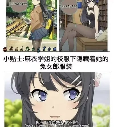 图片由三部分多图拼接而成，上方左侧为麻衣学姐穿着棕色校服、蓝色短裙站在铁轨旁，手持书本；右侧为她穿着黑色兔女郎装坐在图书馆的桌子上，黑色长发披肩。中间以文字“小贴士:麻衣学姐的校服下隐藏着她的兔女郎服装”进行串联说明。下方是麻衣学姐的面部特写，紫色眼睛看向镜头，配文“你有下流的想法,是不是? You're having lewd thoughts, aren't you?”，整体通过对比学姐的两种服装造型，营造出幽默调侃的氛围，属于动漫角色二次创作内容。