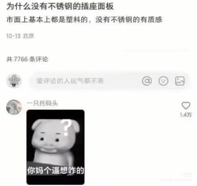 这是一张社交媒体截图，展示了用户对不锈钢插座面板的疑问与暴躁评论的对比。原帖用户提问“为什么没有不锈钢的插座面板”，认为塑料面板缺乏质感。热门评论用一张带有问号的猪形表情包回复“你妈个逼想咋的”，形成正经问题与粗鲁回应的幽默反差，获得1.4万点赞。