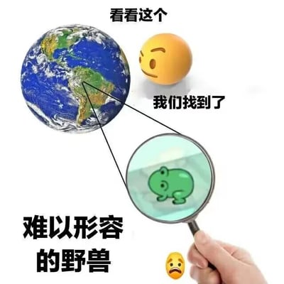 这是一张经过P图改编的静态搞笑图文混排图，画面左侧呈现一个完整的地球模型，右上方放置一个挑眉、表情玩味的黄色emoji，画面右下角有一只手握着放大镜，放大镜的镜头对准地球的南美洲区域，镜中显示出一只造型简单的绿色卡通小青蛙。图中搭配了三处文字：顶部的“看看这个”、黄色emoji下方的“我们找到了”、左下角的“难以形容的野兽”，在放大镜的下方还有一个张嘴、表情震惊的黄色emoji。整张图通过强烈的反差感制造无厘头笑点：用类似探索重大发现的严肃姿态，将渺小普通的小青蛙夸张地称为“难以形容的野兽”，形成滑稽的喜剧效果，属于网络上常见的趣味调侃类创作。