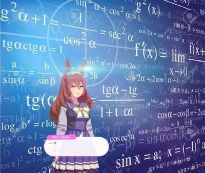 画面以蓝色为基调，背景布满密密麻麻的数学公式（包括三角函数、微积分、对数等），中央是一位有着棕色长发和马耳的少女，身着紫色与白色相间的水手服，佩戴蓝色发饰。少女表情困惑，下方有一个紫色的对白气泡，内写“正直…ワケがわからない…？”（中文意为“说实话…我完全搞不懂…？”），整体营造出面对复杂数学知识时的迷茫与无助感。
