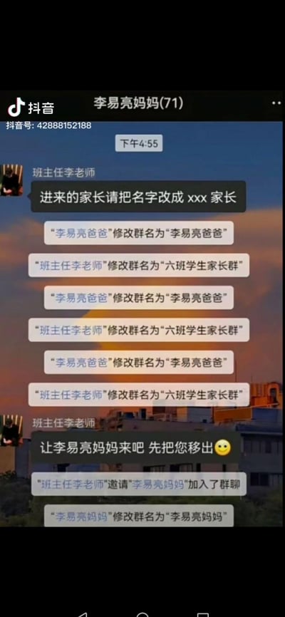 这是一段班级家长群的搞笑聊天记录截图：班主任李老师刚建群后，要求家长将个人备注改成xxx家长，结果李易亮爸爸完全误解了要求，反复把群名改成「李易亮爸爸」，班主任则多次改回「六班学生家长群」，双方来回拉扯数次。无奈之下，班主任将李易亮爸爸移出群，邀请李易亮妈妈进群，没想到李易亮妈妈也把群名改成了「李易亮妈妈」。整个过程充满了错位的搞笑感，家长完全没get到老师是要修改个人备注而非群名的要求，形成了荒诞的反差效果。