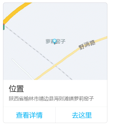 这是一张静态的工具软件界面单图截图，内容为地图应用的界面。上方地图区域标注出了名为“萝莉窑子”的地点，同时显示了周边的道路“野尚路”；下方的位置信息栏清晰展示了该地点的详细地址：陕西省榆林市靖边县海则滩镇萝莉窑子，还配有“查看详情”和“去这里”两个功能按钮。该地名中的“萝莉”是网络常见词汇，和“窑子”组合形成了容易引发调侃和关注的特殊地名，这是真实存在的聚落地名，被用户在使用地图软件时发现并截图。