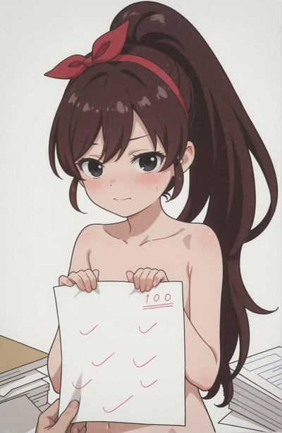 动漫风格插画中，一位扎着棕色高马尾、佩戴红色蝴蝶结的少女，双手捧着一张画有多个对勾和红色"100"分的试卷。她脸颊泛着红晕，眼神略带羞涩，嘴角微微上扬，背景中可见堆叠的书本和纸张，营造出努力后获得优异成绩的喜悦又腼腆的场景。