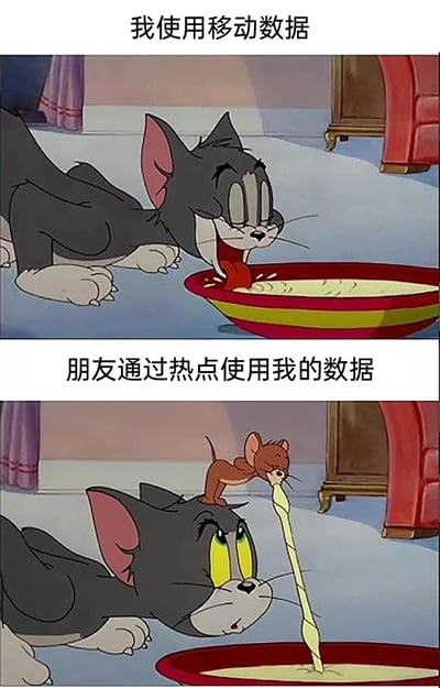 这是一张由经典动画《猫和老鼠》的截图改编而成的对比梗图，分为上下两个部分。上半部分中，汤姆猫惬意地趴在地上，正舔食着盆里的食物，配文“我使用移动数据”，生动表现出自己独自使用流量时轻松自在、毫无负担的状态；下半部分里，杰瑞鼠站在汤姆的头上，吸走盆里的食物，汤姆瞪大双眼，满脸震惊与心疼，配文“朋友通过热点使用我的数据”，精准吐槽了自己开启热点给朋友共享流量时，看着流量快速消耗的肉疼与无奈，十分贴合日常生活中人们共享流量时的真实感受，容易引发共鸣。