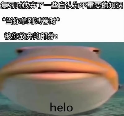 这是一张用于调侃学生复习考试场景的表情包，属于顶配底文的图文混排形式。上方依次排列三行中文文字，描述复习时主动放弃自认为不重要的知识点，等到拿到试卷时的场景，随后引出「被你放弃的部分」的内容，下方对应一张模糊的、表情呆滞的鲶鱼正脸图，鱼身上配有故意拼写错误的类似hello的「helo」字样，将被放弃的知识点拟人化，生动表现出考生刚好考到自己没复习的内容时的窘迫、无奈心情，极易引发学生群体的共鸣。